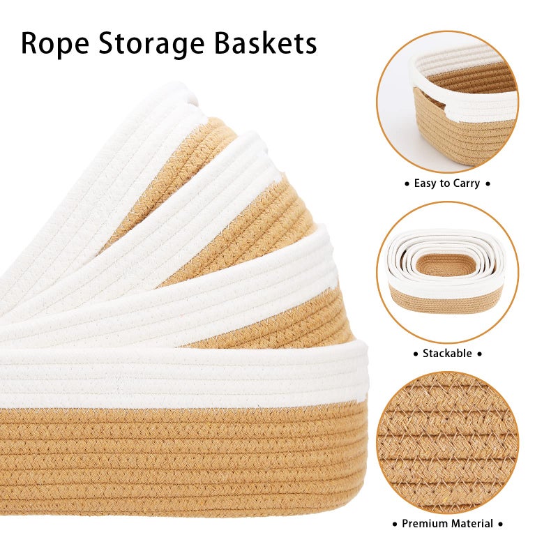 HLWDFLZ 7 Piece Cotton Rope Woven Basket Set - Small Basket for Baby Nursery, Pets, Montessori, Dog & Cat Toy Boxes, Bathroom Organization Bins (White/Jute) - Image 4